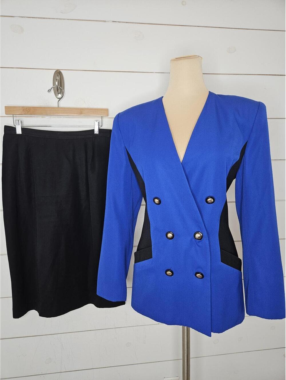 Vintage Le Suit for ASL size 10 blue & black skirt suit